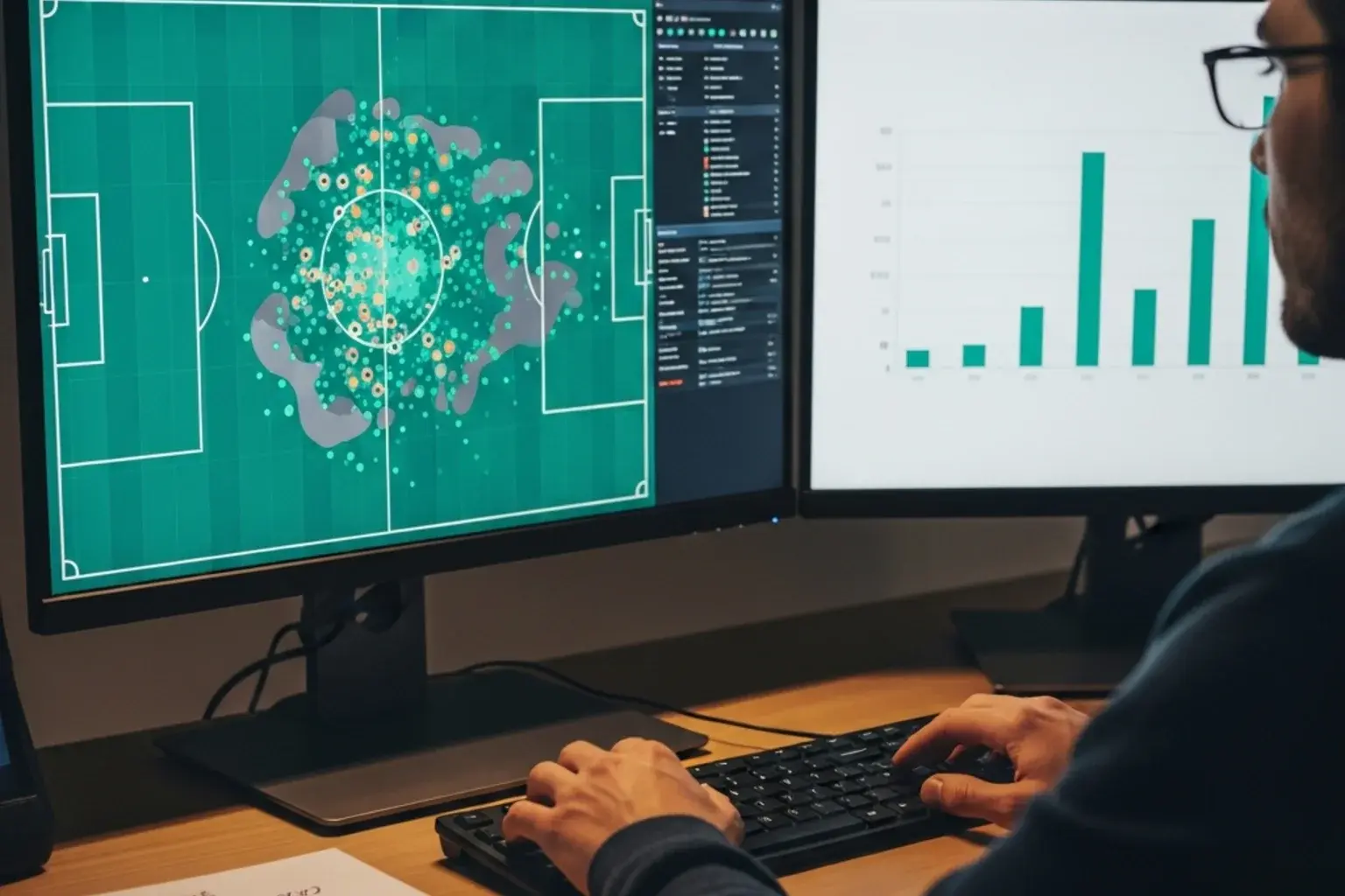 Analista revisando datos de goles esperados xG en una pantalla de ordenador con estadísticas de fútbol