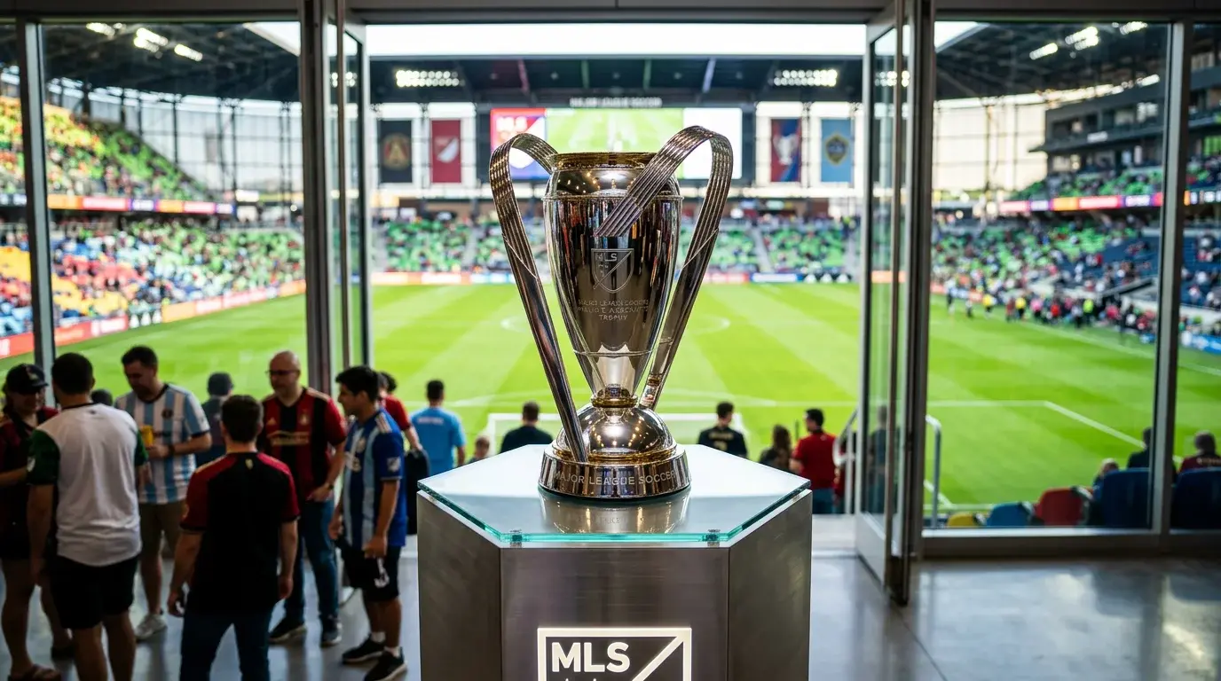 Trofeo de la MLS Cup exhibido en un estadio de fútbol moderno con césped verde de fondo