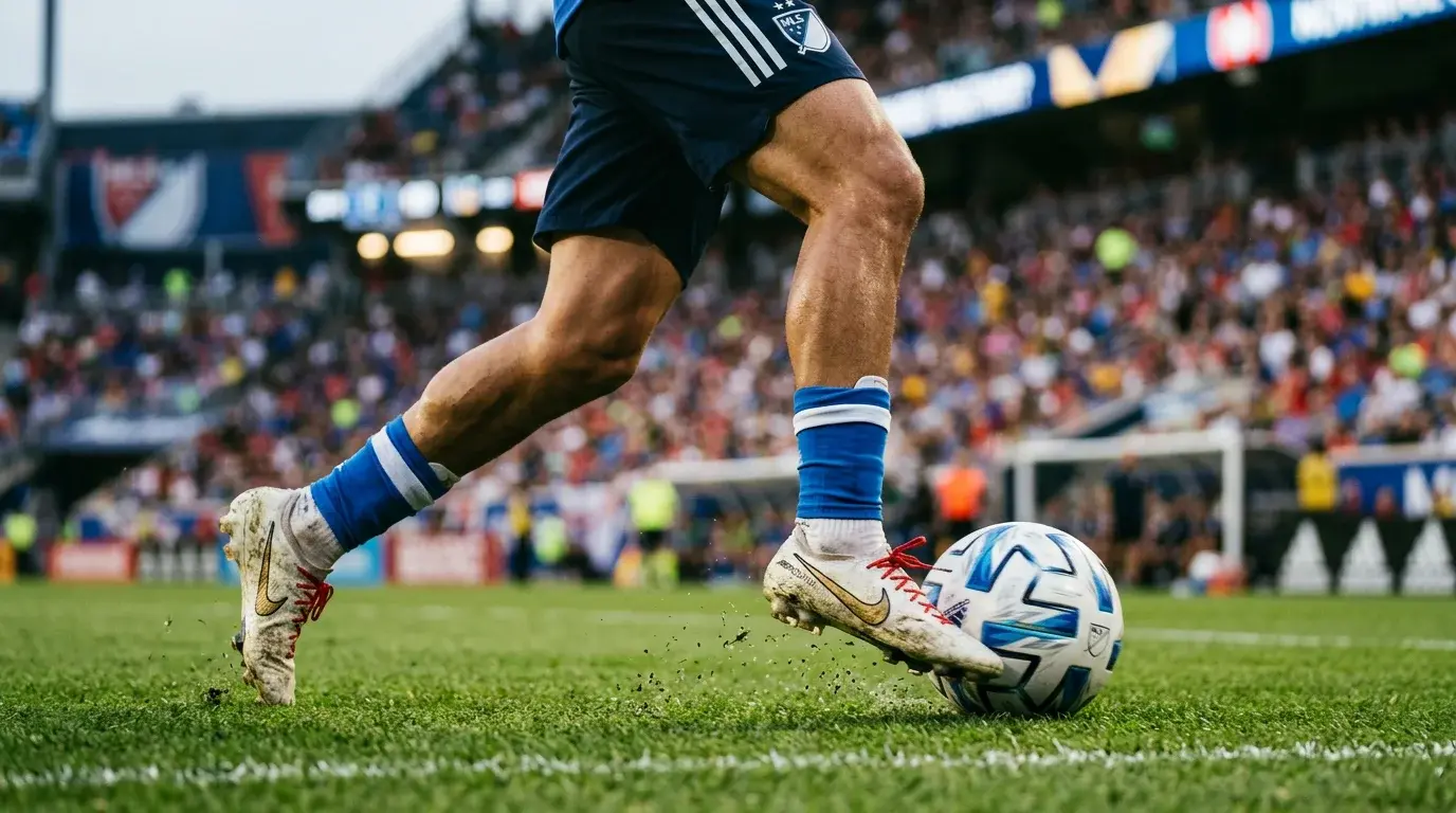 Primer plano de las piernas de un futbolista regateando con un balón sobre césped profesional