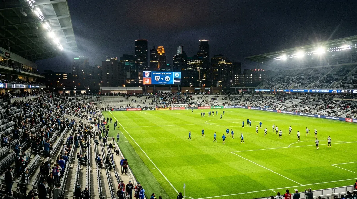 Estadio MLS iluminado por focos de noche durante un partido entre semana con gradas parcialmente vacías