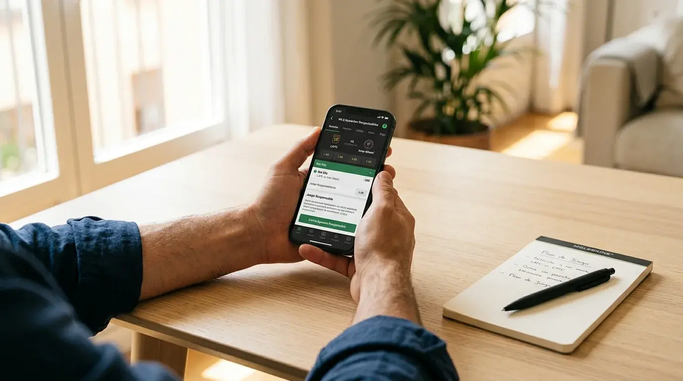 Manos sosteniendo un teléfono móvil con una aplicación de apuestas deportivas en un escritorio