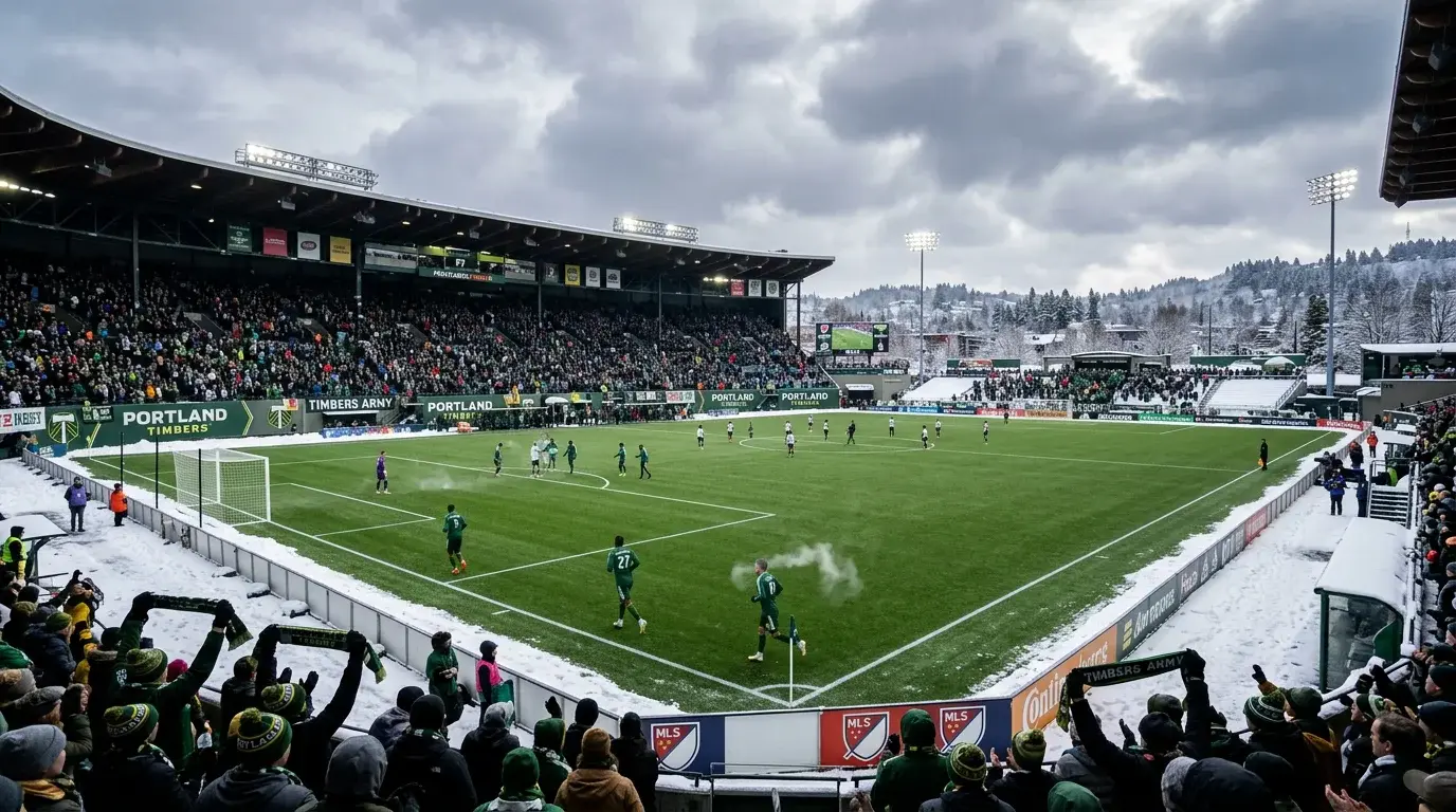 Estadio de la MLS en condiciones invernales con nieve alrededor y césped verde