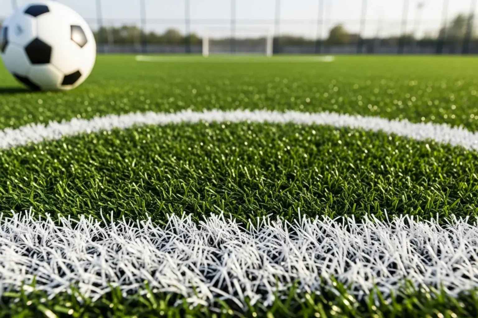 Primer plano de césped artificial en un campo de fútbol con un balón sobre la superficie