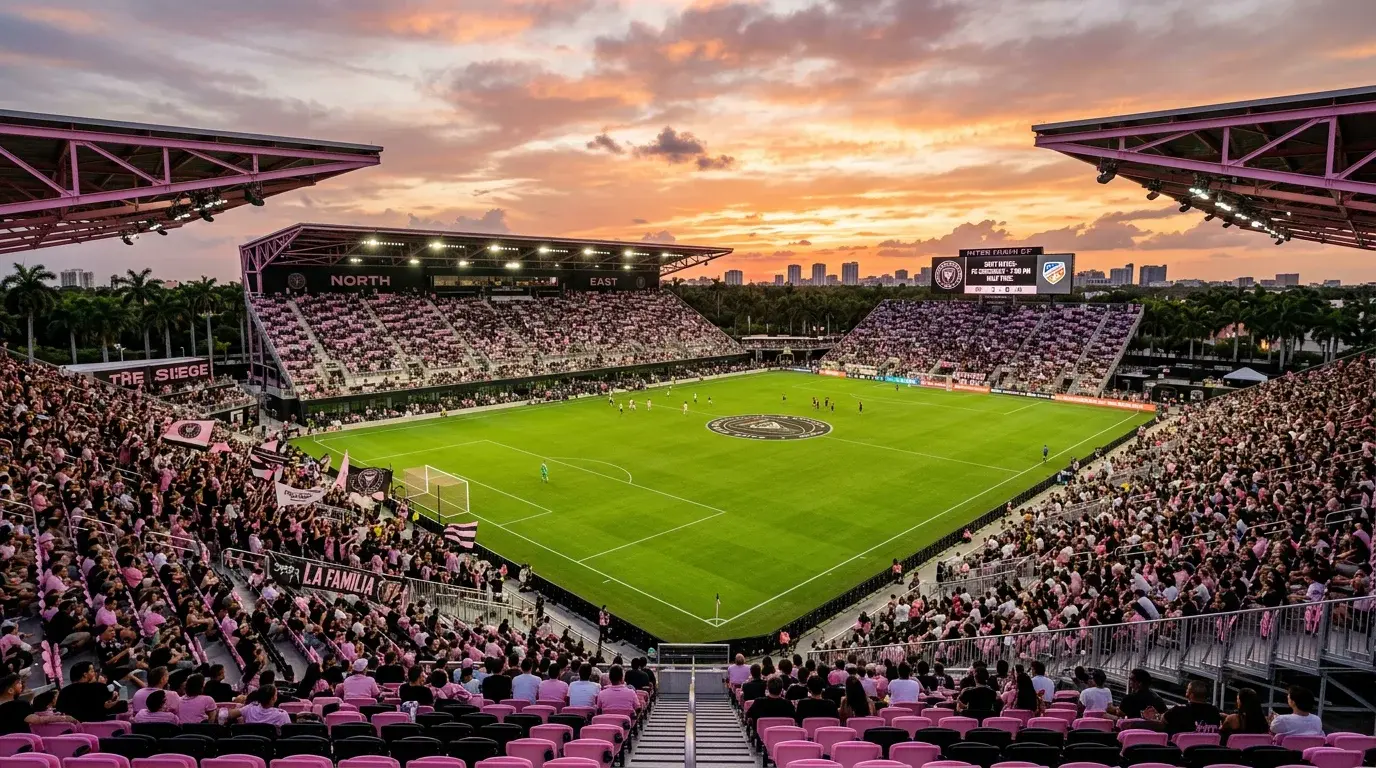 Estadio de fútbol profesional con temática rosa al atardecer con palmeras visibles al fondo