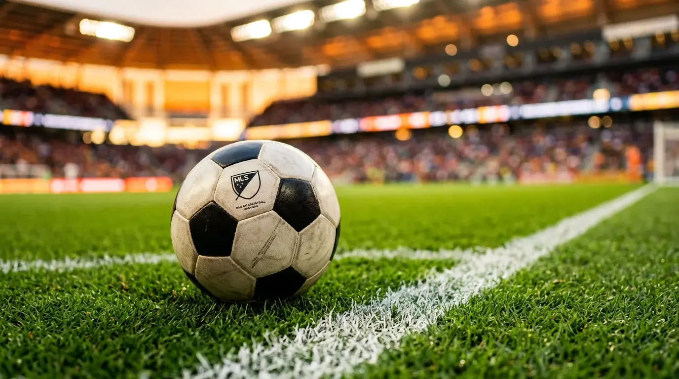 Balón de fútbol sobre césped de un campo profesional con iluminación cálida de estadio