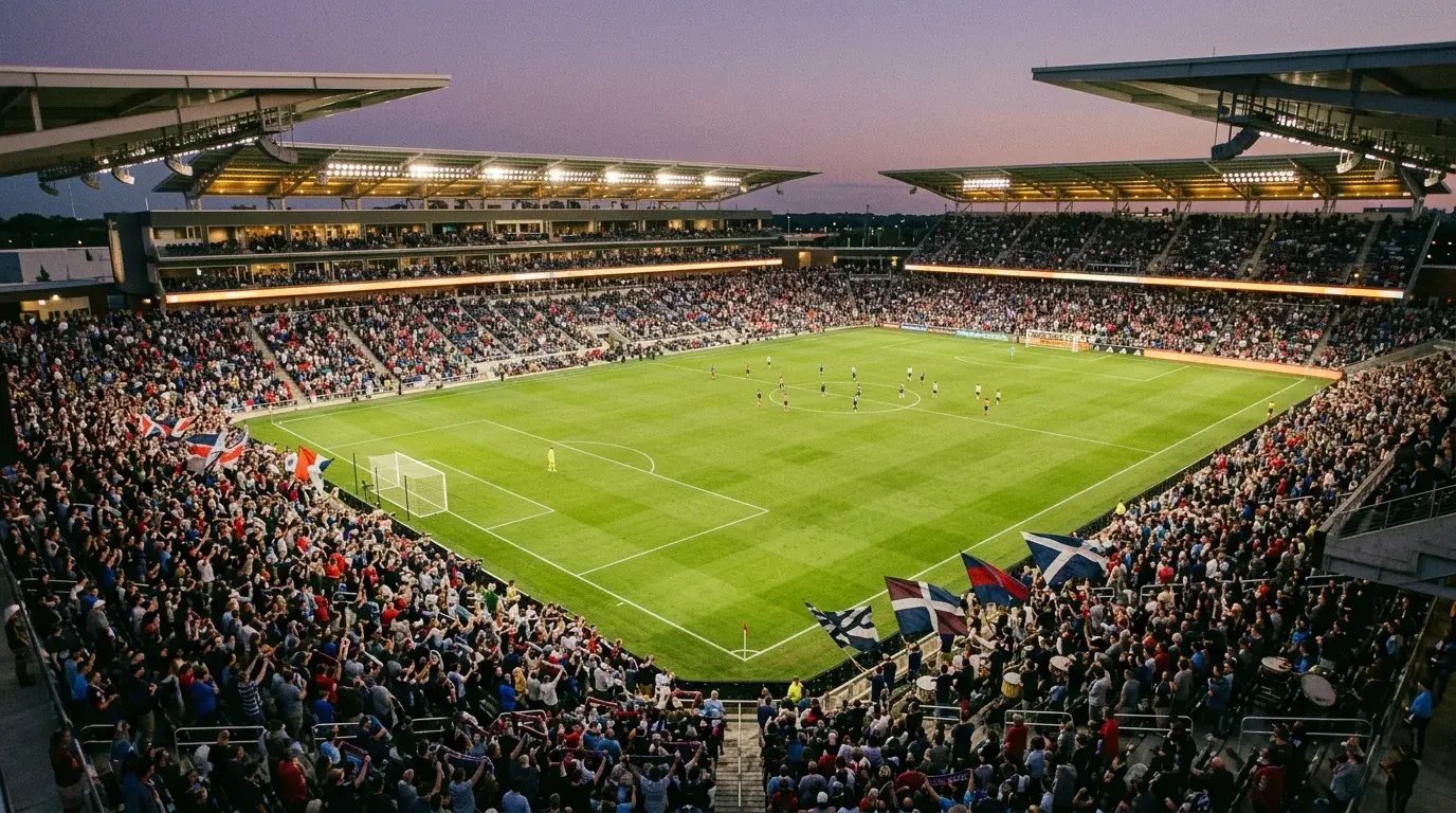 Estadio de la MLS lleno de aficionados durante un partido nocturno con iluminación profesional