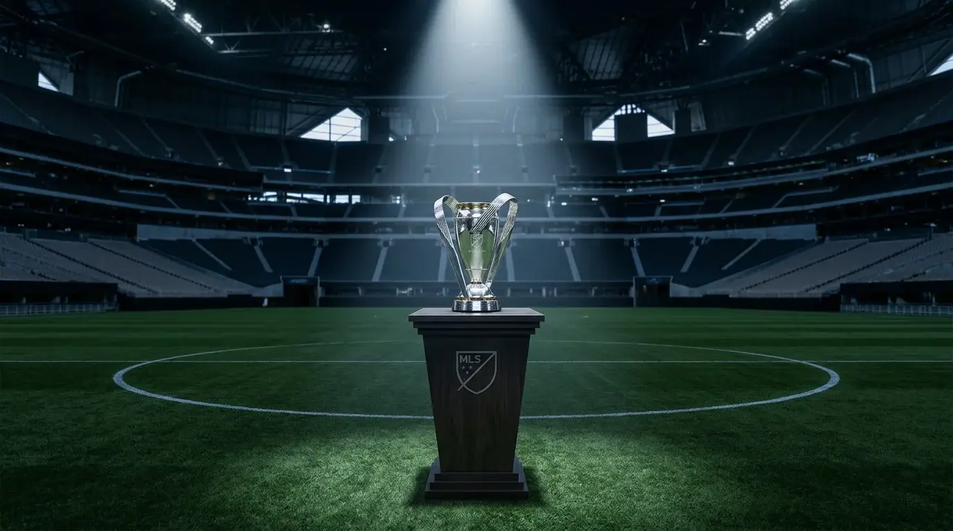 Trofeo de la MLS Cup en el centro del campo de un estadio de fútbol iluminado