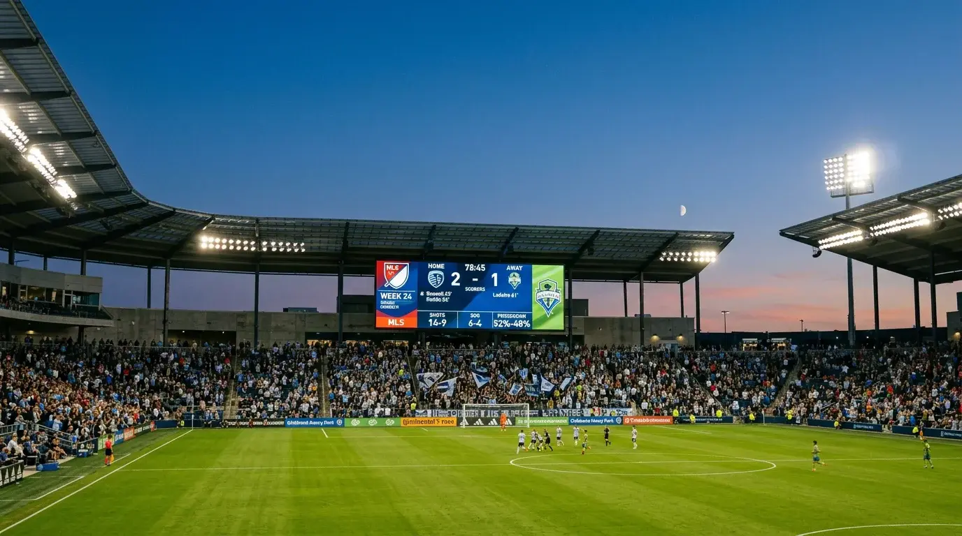 Marcador electrónico de un estadio MLS mostrando el resultado de un partido con focos de fondo