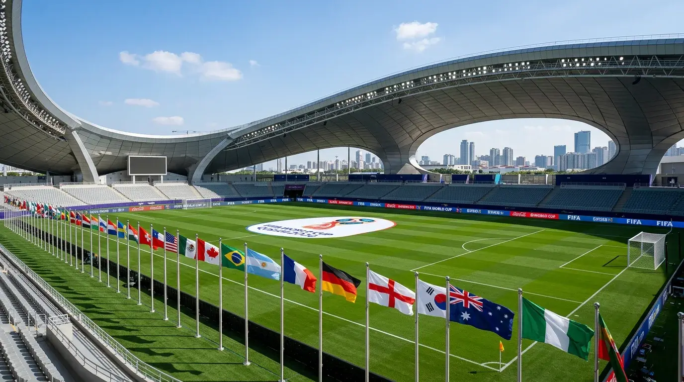 Campo de fútbol profesional con banderas de selecciones nacionales alineadas en la banda lateral del estadio
