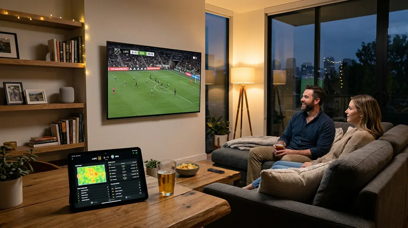 Salón moderno con televisor mostrando un partido de la MLS en directo