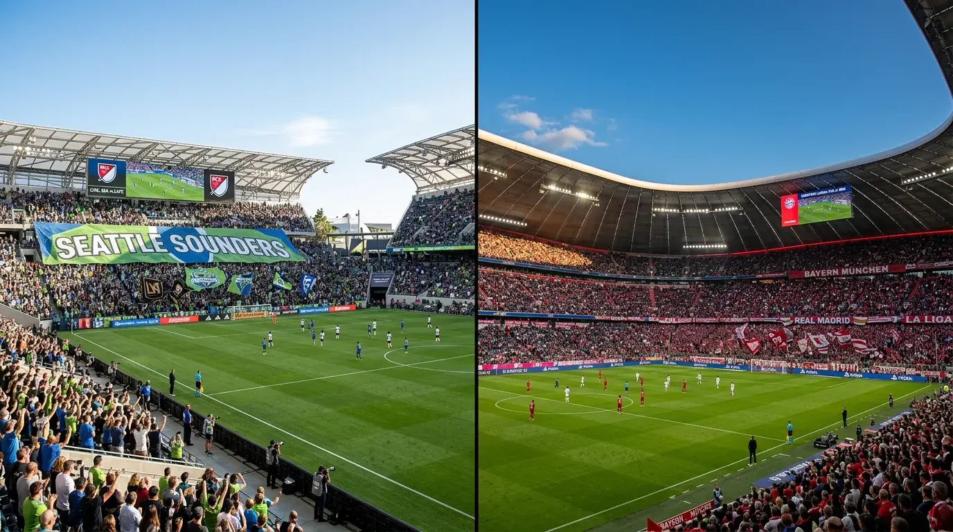 Vista dividida de un estadio MLS y un estadio europeo de fútbol en día de partido