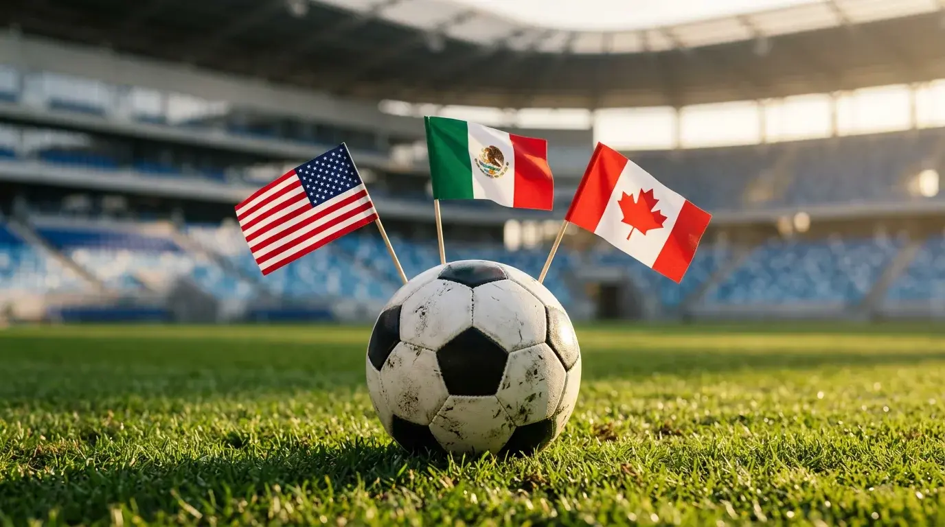 Balón de fútbol sobre césped con banderas de Estados Unidos, México y Canadá al fondo representando el Mundial 2026