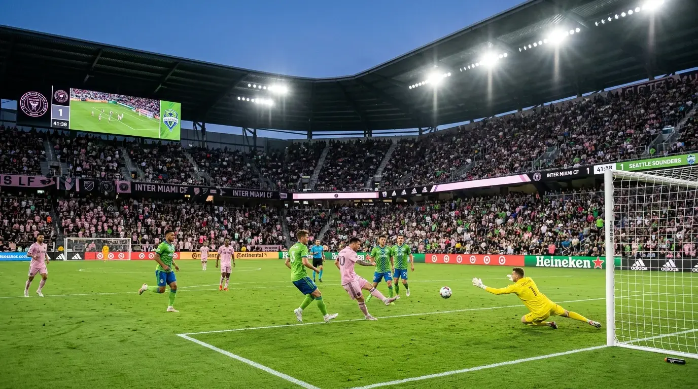 Partido de fútbol profesional en estadio MLS durante una noche de juego con focos iluminando el campo