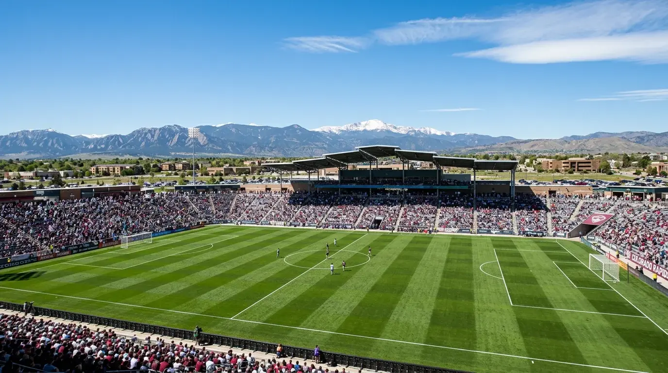 Estadio de fútbol profesional con las Montañas Rocosas visibles al fondo bajo cielo despejado en Denver